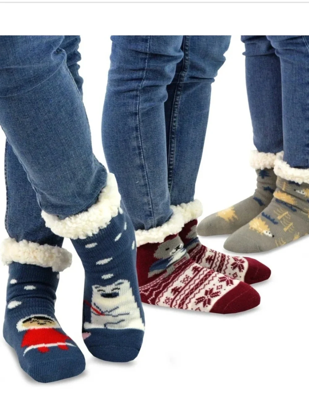 Kids Plush-Lined Character Winter Socks - Blue, Red, Gray